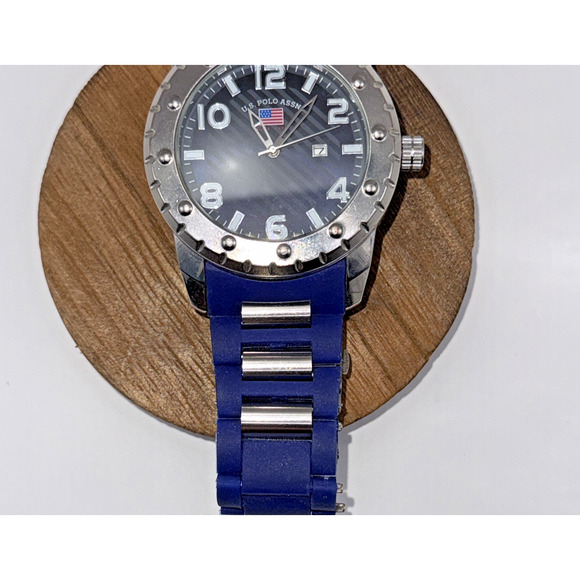 Mens U.S. Polo Assn. 50mm Blue Silver Watch Date Rotatable Bezel Silicone Strap‎ - Picture 3 of 6